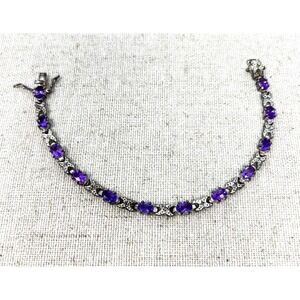 Sterling Silver Purple Amethyst Oval Gemstone Link Tennis Bracelet 7.25"